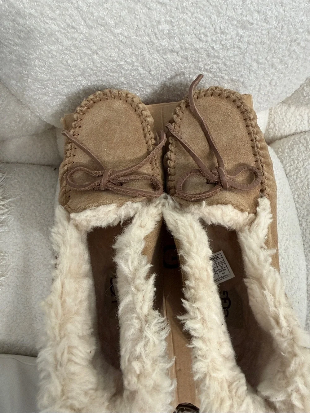 UGG Kids Chestnut Brown Suede Moccasin Slippers with Shearling Lining
